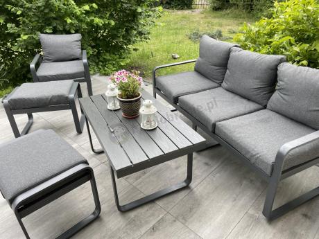 Grafitowy zestaw mebli na taras - sofa 175cm, 2 fotele i 2 pufy - Panaon Dining DG