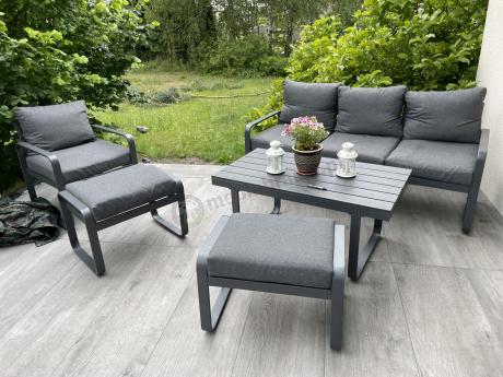 Grafitowy zestaw mebli na taras - sofa 175cm, 2 fotele i 2 pufy - Panaon Dining DG