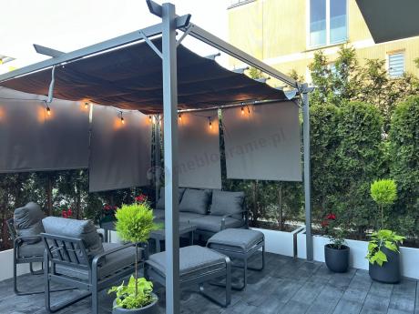 Grafitowy zestaw mebli na taras - sofa 175cm, 2 fotele i 2 pufy - Panaon Dining DG