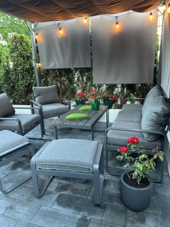 Grafitowy zestaw mebli na taras - sofa 175cm, 2 fotele i 2 pufy - Panaon Dining DG