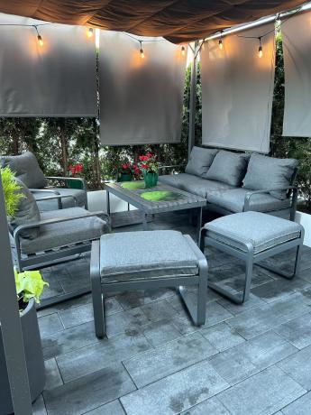 Grafitowy zestaw mebli na taras - sofa 175cm, 2 fotele i 2 pufy - Panaon Dining DG