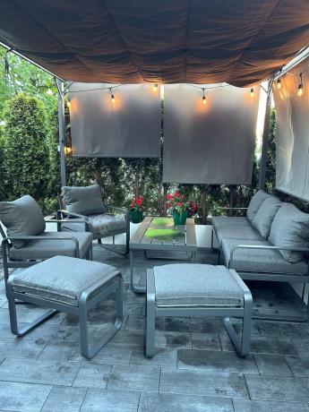 Grafitowy zestaw mebli na taras - sofa 175cm, 2 fotele i 2 pufy - Panaon Dining DG