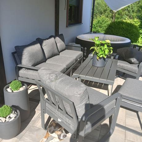 Grafitowy zestaw mebli na taras - sofa 175cm, 2 fotele i 2 pufy - Panaon Dining DG