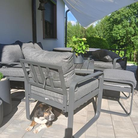 Grafitowy zestaw mebli na taras - sofa 175cm, 2 fotele i 2 pufy - Panaon Dining DG