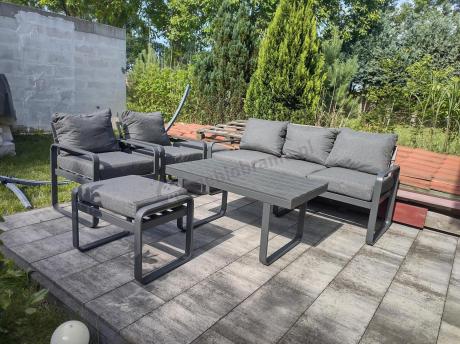 Grafitowy zestaw mebli na taras - sofa 175cm, 2 fotele i 2 pufy - Panaon Dining DG