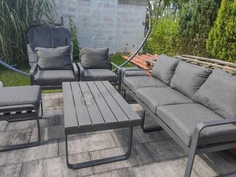 Grafitowy zestaw mebli na taras - sofa 175cm, 2 fotele i 2 pufy - Panaon Dining DG