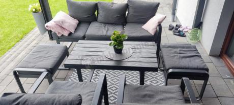 Grafitowy zestaw mebli na taras - sofa 175cm, 2 fotele i 2 pufy - Panaon Dining DG