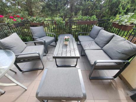 Grafitowy zestaw mebli na taras - sofa 175cm, 2 fotele i 2 pufy - Panaon Dining DG
