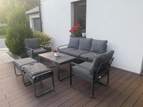 Grafitowy zestaw mebli na taras - sofa 175cm, 2 fotele i 2 pufy - Panaon Dining DG