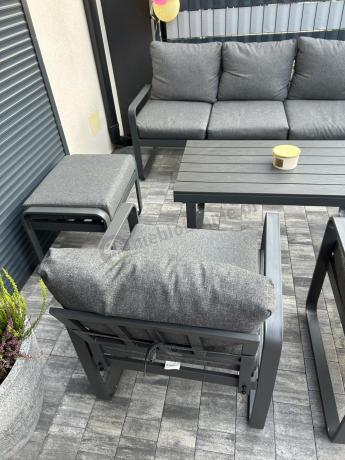 Grafitowy zestaw mebli na taras - sofa 175cm, 2 fotele i 2 pufy - Panaon Dining DG