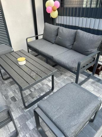 Grafitowy zestaw mebli na taras - sofa 175cm, 2 fotele i 2 pufy - Panaon Dining DG