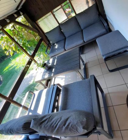 Grafitowy zestaw mebli na taras - sofa 175cm, 2 fotele i 2 pufy - Panaon Dining DG