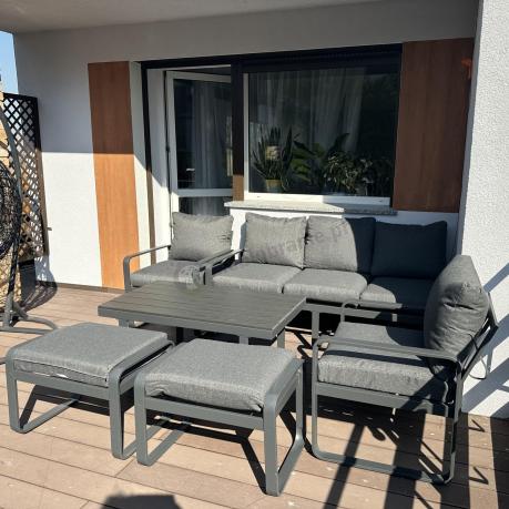 Grafitowy zestaw mebli na taras - sofa 175cm, 2 fotele i 2 pufy - Panaon Dining DG