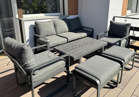 Grafitowy zestaw mebli na taras - sofa 175cm, 2 fotele i 2 pufy - Panaon Dining DG