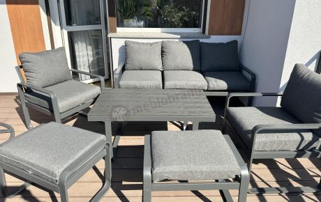 Grafitowy zestaw mebli na taras - sofa 175cm, 2 fotele i 2 pufy - Panaon Dining DG
