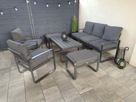 Grafitowy zestaw mebli na taras - sofa 175cm, 2 fotele i 2 pufy - Panaon Dining DG