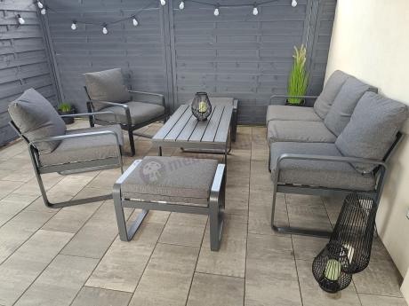 Grafitowy zestaw mebli na taras - sofa 175cm, 2 fotele i 2 pufy - Panaon Dining DG