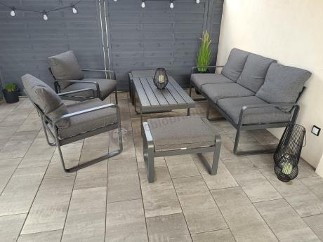 Grafitowy zestaw mebli na taras - sofa 175cm, 2 fotele i 2 pufy - Panaon Dining DG
