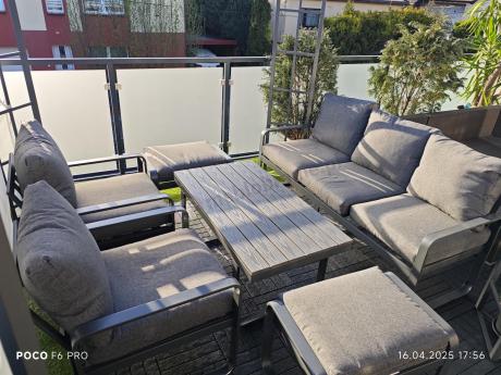 Grafitowy zestaw mebli na taras - sofa 175cm, 2 fotele i 2 pufy - Panaon Dining DG