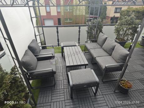 Grafitowy zestaw mebli na taras - sofa 175cm, 2 fotele i 2 pufy - Panaon Dining DG