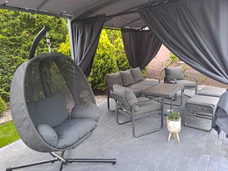 Grafitowy zestaw mebli na taras - sofa 175cm, 2 fotele i 2 pufy - Panaon Dining DG