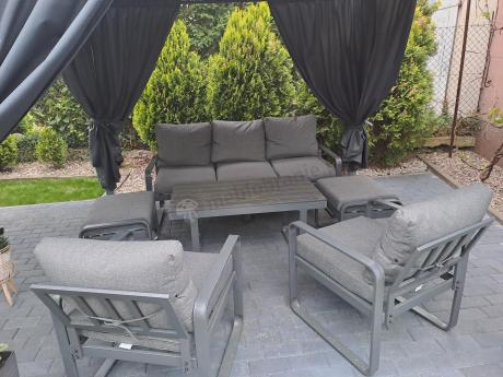 Grafitowy zestaw mebli na taras - sofa 175cm, 2 fotele i 2 pufy - Panaon Dining DG