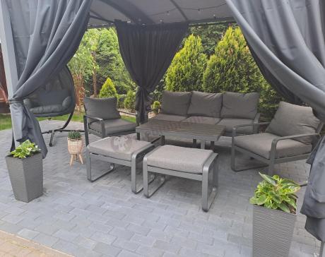 Grafitowy zestaw mebli na taras - sofa 175cm, 2 fotele i 2 pufy - Panaon Dining DG