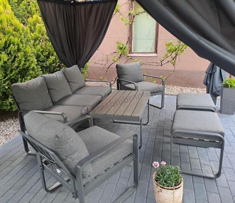 Grafitowy zestaw mebli na taras - sofa 175cm, 2 fotele i 2 pufy - Panaon Dining DG