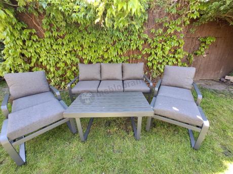Grafitowy zestaw mebli na taras - sofa 175cm, 2 fotele i 2 pufy - Panaon Dining DG