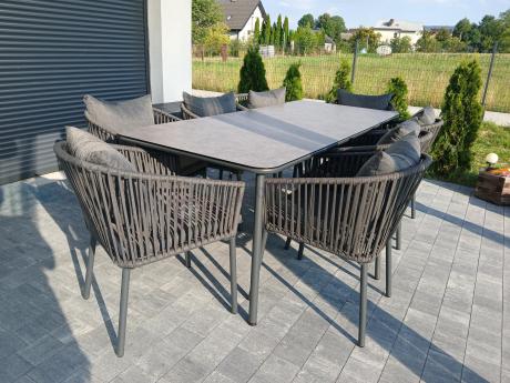 Grafitowy zestaw mebli obiadowych na taras dla 8 osób - Kostto Dining 8+1
