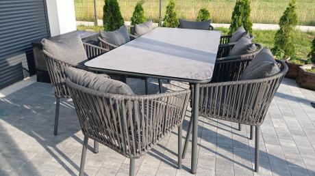 Grafitowy zestaw mebli obiadowych na taras dla 8 osób - Kostto Dining 8+1
