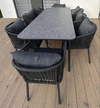 Grafitowy zestaw mebli obiadowych na taras dla 8 osób - Kostto Dining 8+1