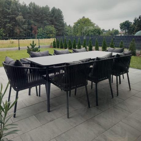 Grafitowy zestaw mebli obiadowych na taras dla 8 osób - Kostto Dining 8+1