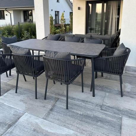 Grafitowy zestaw mebli obiadowych na taras dla 8 osób - Kostto Dining 8+1