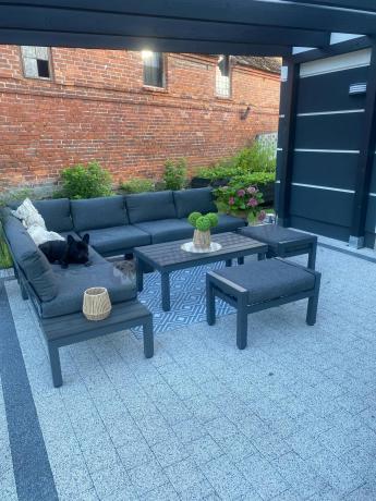 Grafitowy zestaw mebli obiadowych na taras dla 8 osób - Kostto Dining 8+1