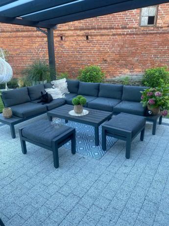 Grafitowy zestaw mebli obiadowych na taras dla 8 osób - Kostto Dining 8+1