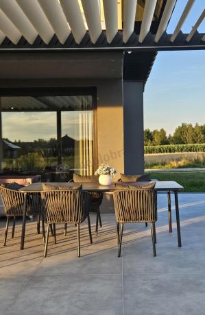 Grafitowy zestaw mebli obiadowych na taras dla 8 osób - Kostto Dining 8+1