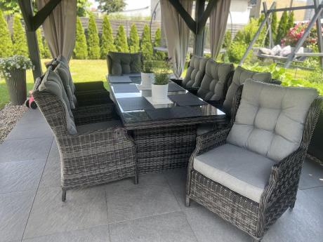 Grafitowy zestaw mebli obiadowych na taras Laritto 8+1 stół 220cm