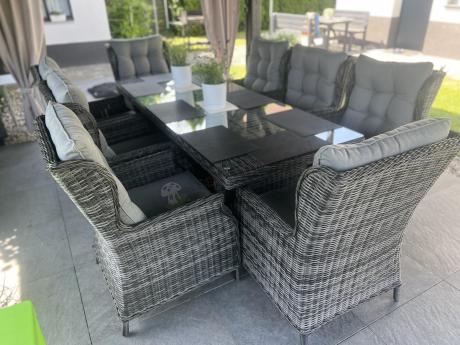 Grafitowy zestaw mebli obiadowych na taras Laritto 8+1 stół 220cm