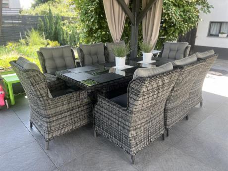 Grafitowy zestaw mebli obiadowych na taras Laritto 8+1 stół 220cm