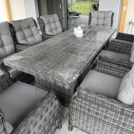 Grafitowy zestaw mebli obiadowych na taras Laritto 8+1 stół 220cm