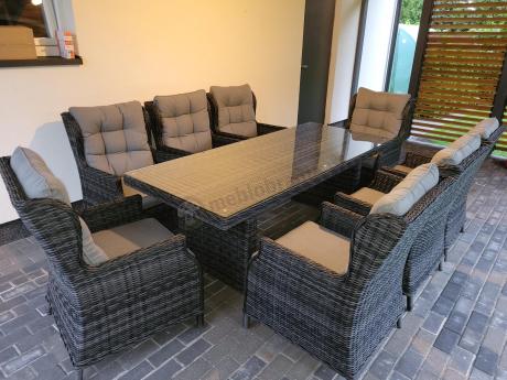 Grafitowy zestaw mebli obiadowych na taras Laritto 8+1 stół 220cm