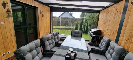 Grafitowy zestaw mebli obiadowych na taras Laritto 8+1 stół 220cm