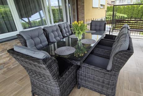 Grafitowy zestaw mebli obiadowych na taras Laritto 8+1 stół 220cm