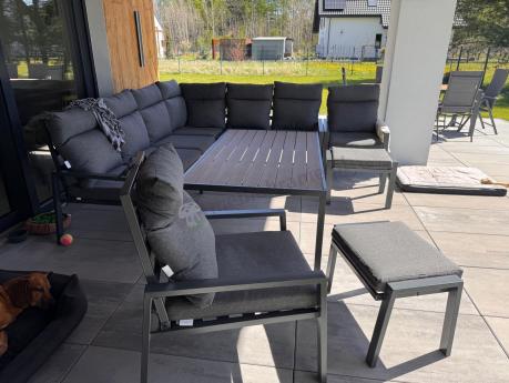 Grafitowy zestaw mebli ogrodowych z narożnikiem i dwoma fotelami Doros Corner XL - Polywood Dark Grey
