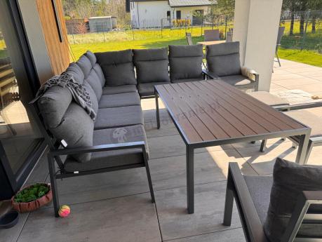 Grafitowy zestaw mebli ogrodowych z narożnikiem i dwoma fotelami Doros Corner XL - Polywood Dark Grey