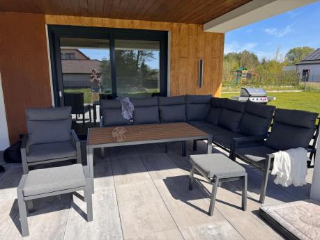 Grafitowy zestaw mebli ogrodowych z narożnikiem i dwoma fotelami Doros Corner XL - Polywood Dark Grey