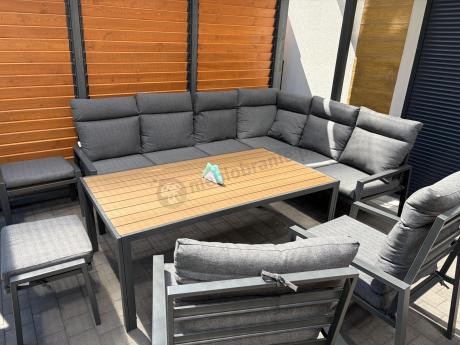Grafitowy zestaw mebli ogrodowych z narożnikiem i dwoma fotelami Doros Corner XL - Polywood Dark Grey