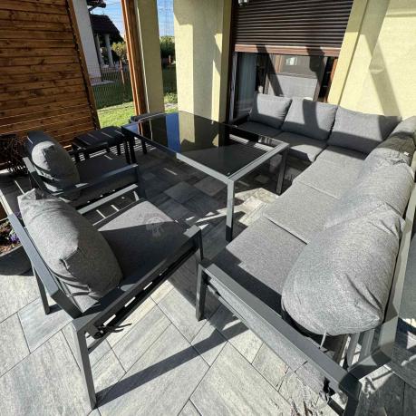 Grafitowy zestaw mebli ogrodowych z narożnikiem i dwoma fotelami Sodor Corner XL - Dark Grey