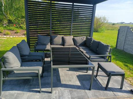 Grafitowy zestaw mebli ogrodowych z narożnikiem i dwoma fotelami Sodor Corner XL - Dark Grey